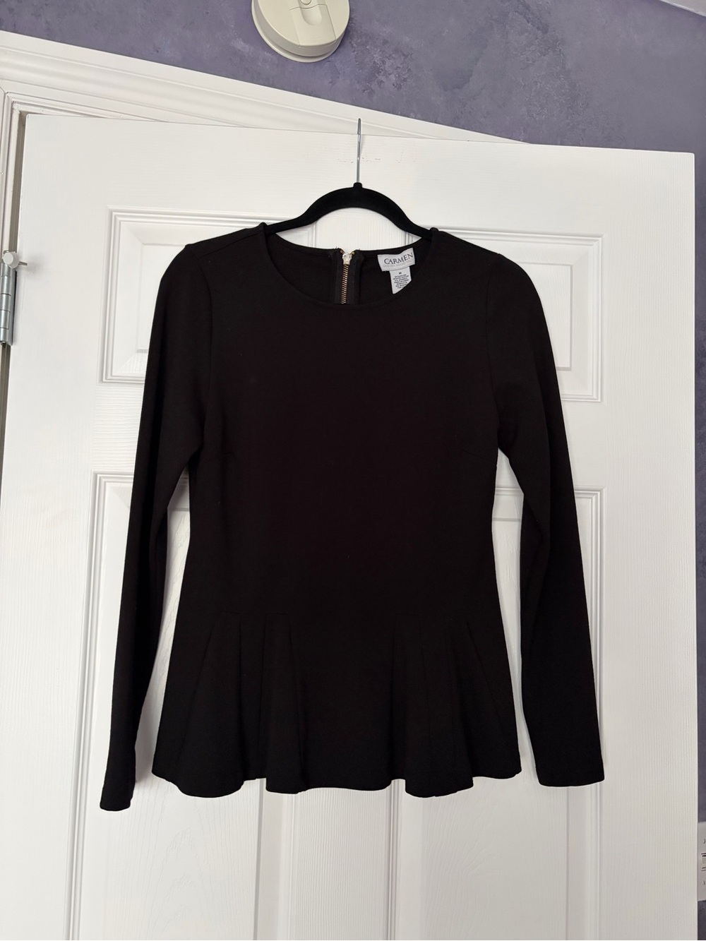 Carmen Marc Valvo Black Long-Sleeve Peplum Top